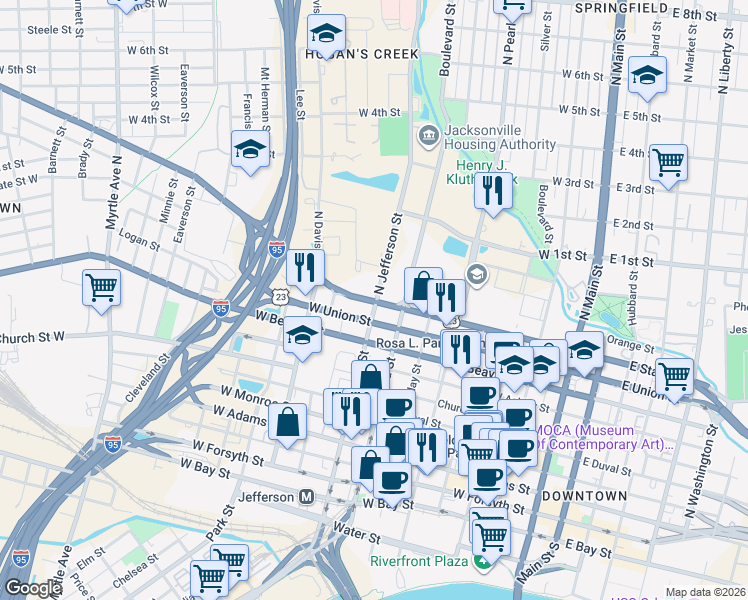 map of restaurants, bars, coffee shops, grocery stores, and more near 900 North Jefferson Street in Jacksonville