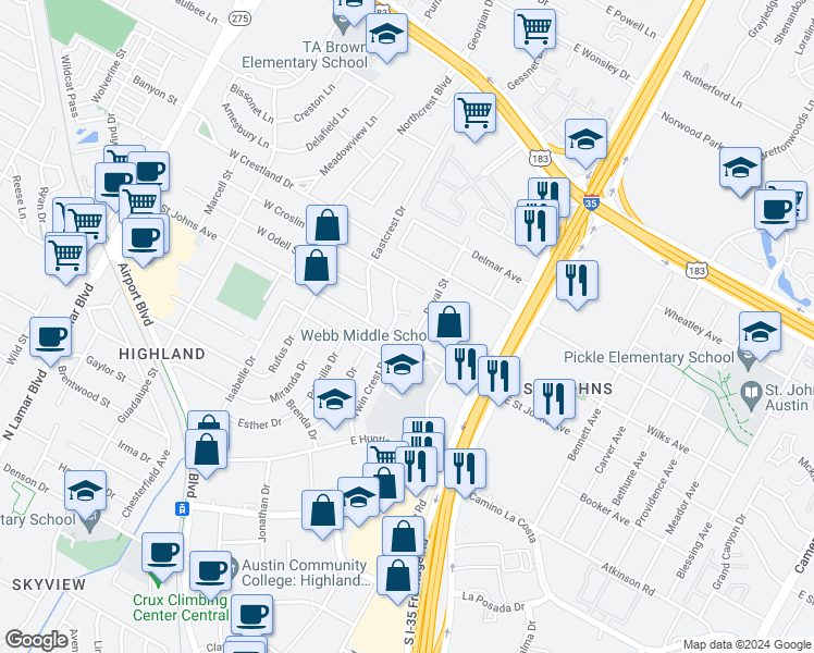 map of restaurants, bars, coffee shops, grocery stores, and more near 500 East Saint Johns Avenue in Austin