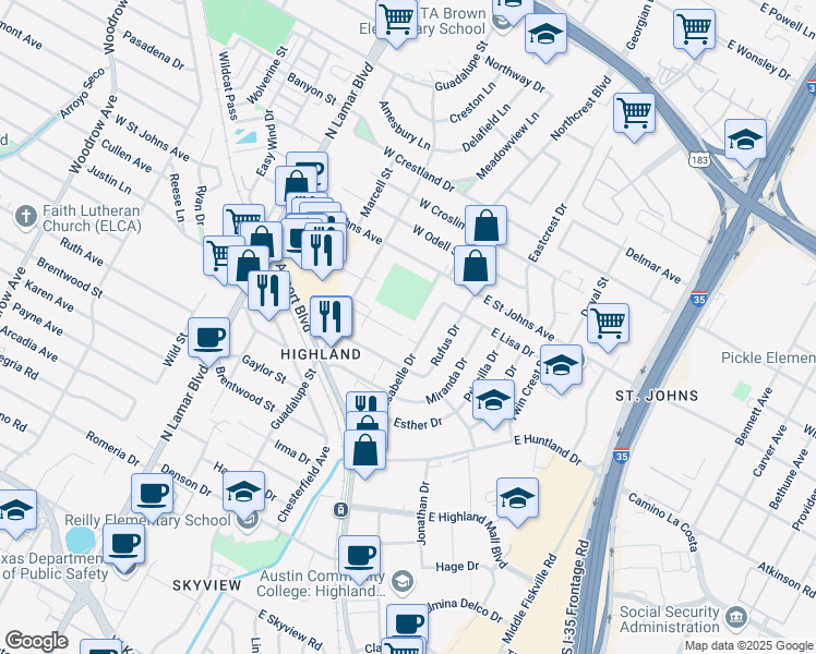 map of restaurants, bars, coffee shops, grocery stores, and more near 7000 Isabelle Drive in Austin