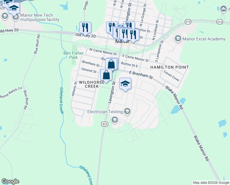 map of restaurants, bars, coffee shops, grocery stores, and more near 12010 Farm to Market Road 973 in Manor