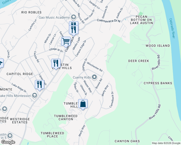 map of restaurants, bars, coffee shops, grocery stores, and more near 9308 Tiber Circle in Austin