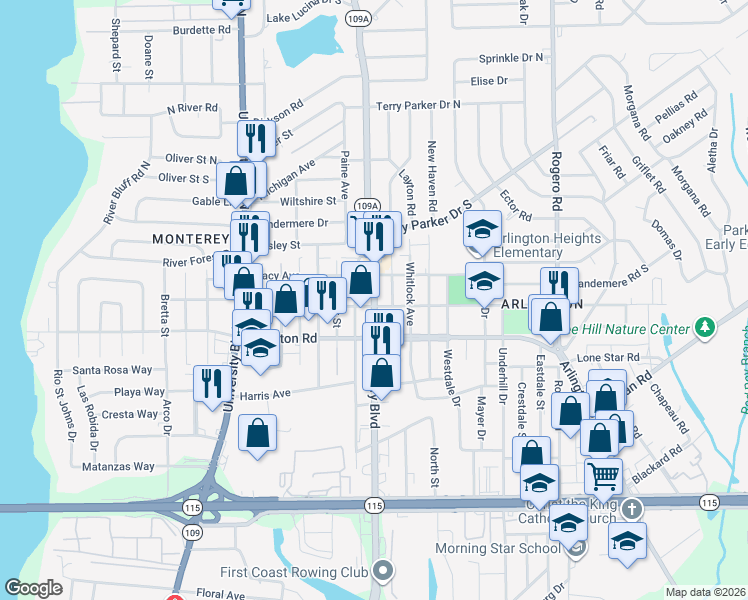 map of restaurants, bars, coffee shops, grocery stores, and more near Florida 109A in Jacksonville