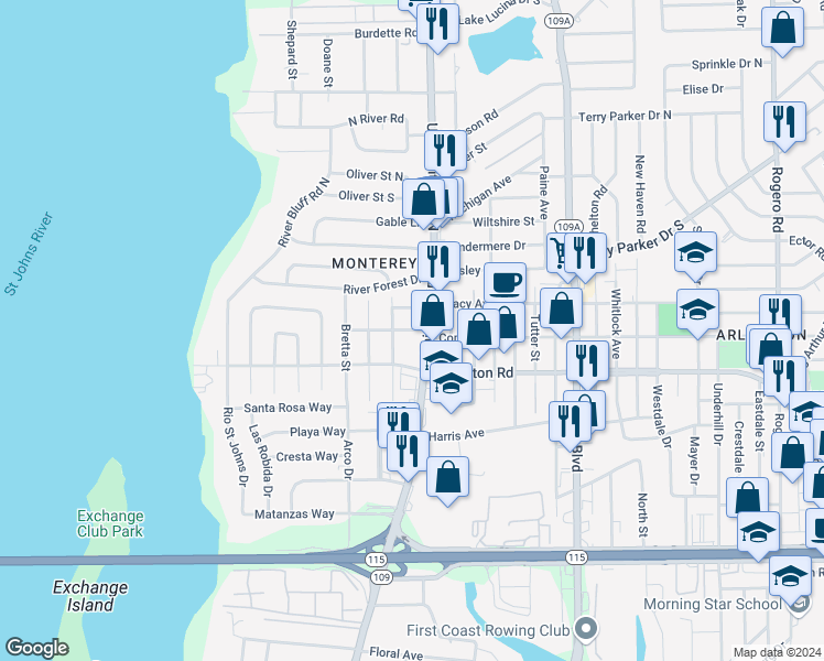 map of restaurants, bars, coffee shops, grocery stores, and more near 1336 University Boulevard North in Jacksonville
