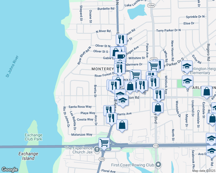 map of restaurants, bars, coffee shops, grocery stores, and more near 1322 Easter Street in Jacksonville