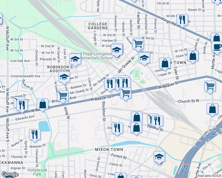 map of restaurants, bars, coffee shops, grocery stores, and more near 1837 West Beaver Street in Jacksonville