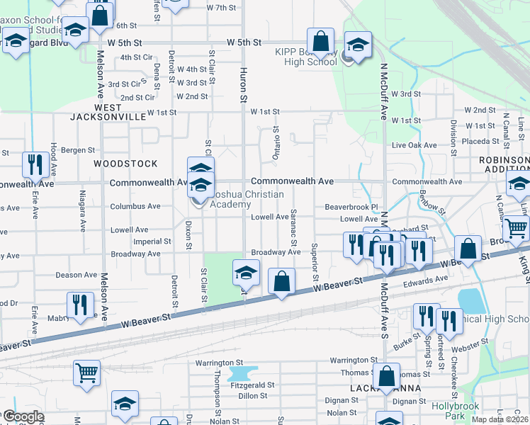 map of restaurants, bars, coffee shops, grocery stores, and more near 2716 Lowell Avenue in Jacksonville