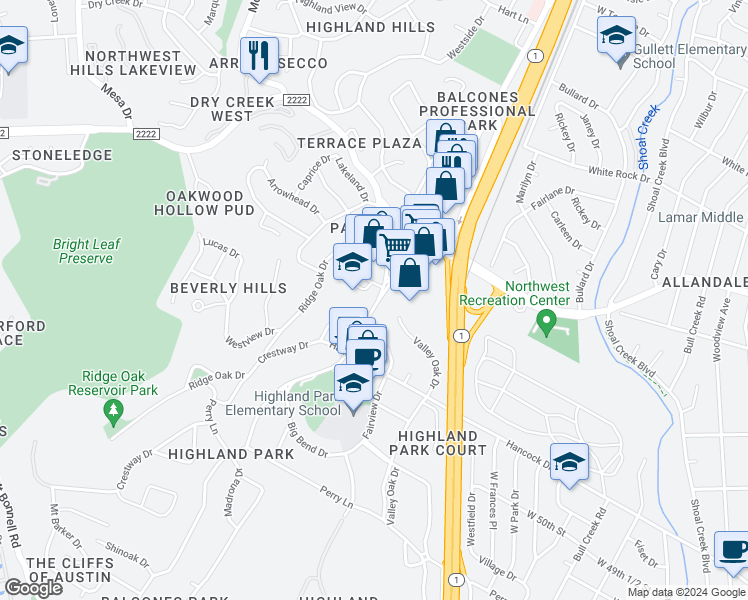 map of restaurants, bars, coffee shops, grocery stores, and more near 5202 Balcones Drive in Austin
