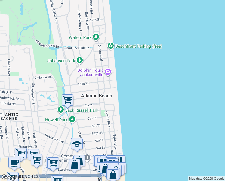 map of restaurants, bars, coffee shops, grocery stores, and more near 10 10th Street in Atlantic Beach