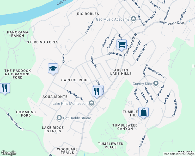 map of restaurants, bars, coffee shops, grocery stores, and more near 1001 Lipan Trail in Austin