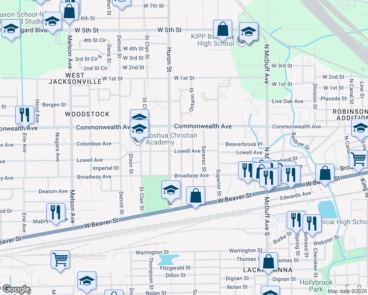 map of restaurants, bars, coffee shops, grocery stores, and more near 2716 Lowell Avenue in Jacksonville