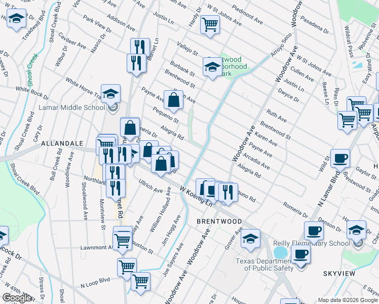 map of restaurants, bars, coffee shops, grocery stores, and more near 1706 Romeria Drive in Austin