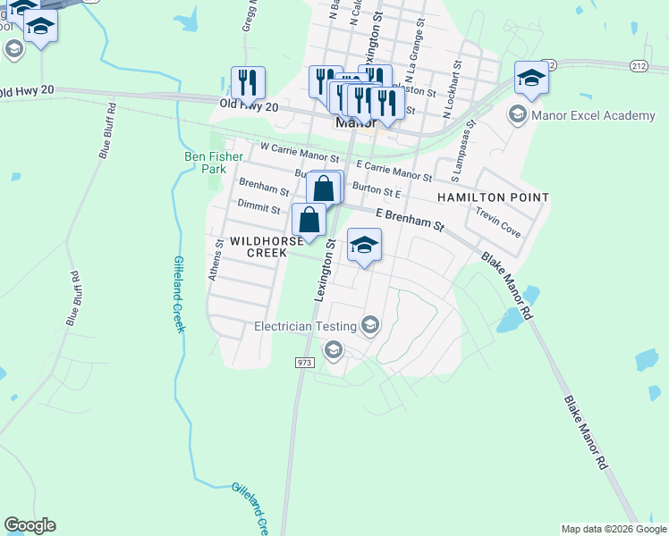 map of restaurants, bars, coffee shops, grocery stores, and more near 12010 Farm to Market Road 973 in Manor