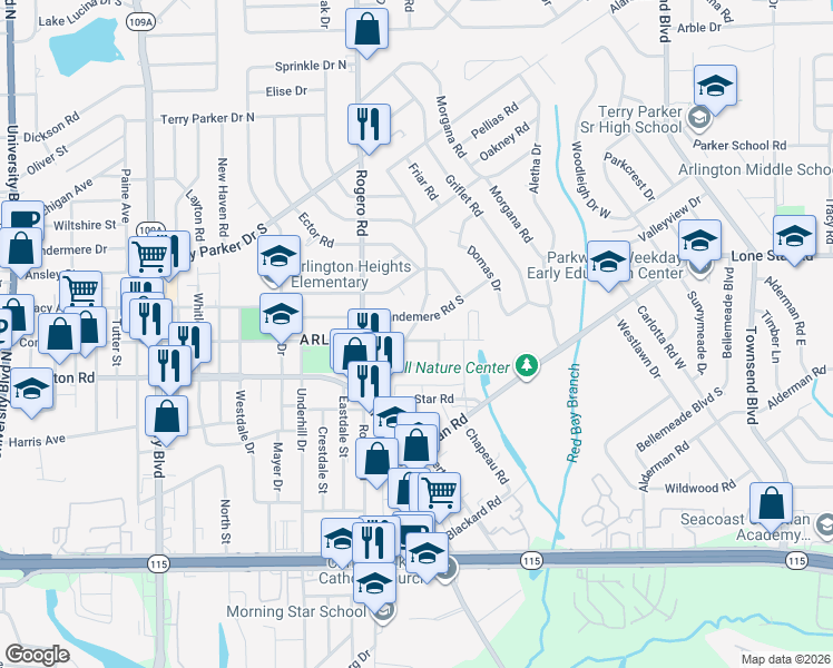 map of restaurants, bars, coffee shops, grocery stores, and more near 6855 Arthur Court in Jacksonville