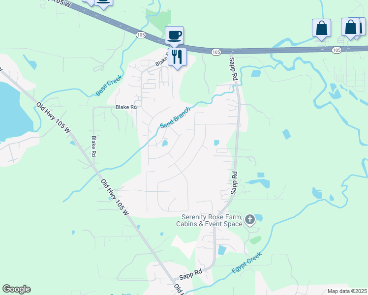 map of restaurants, bars, coffee shops, grocery stores, and more near 4314 Roaring Timber Drive in Conroe