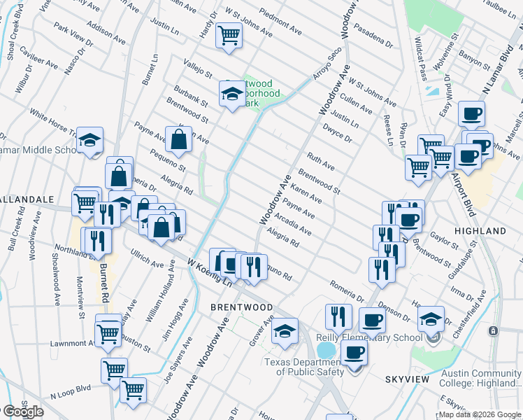 map of restaurants, bars, coffee shops, grocery stores, and more near 1405 Alegria Road in Austin