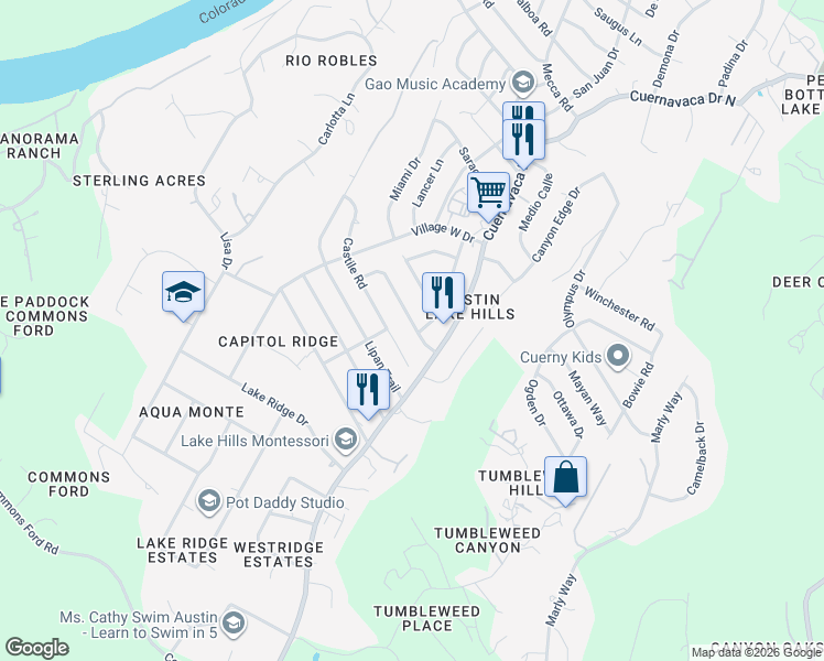 map of restaurants, bars, coffee shops, grocery stores, and more near 1102 San Augustine Drive in Bee Cave