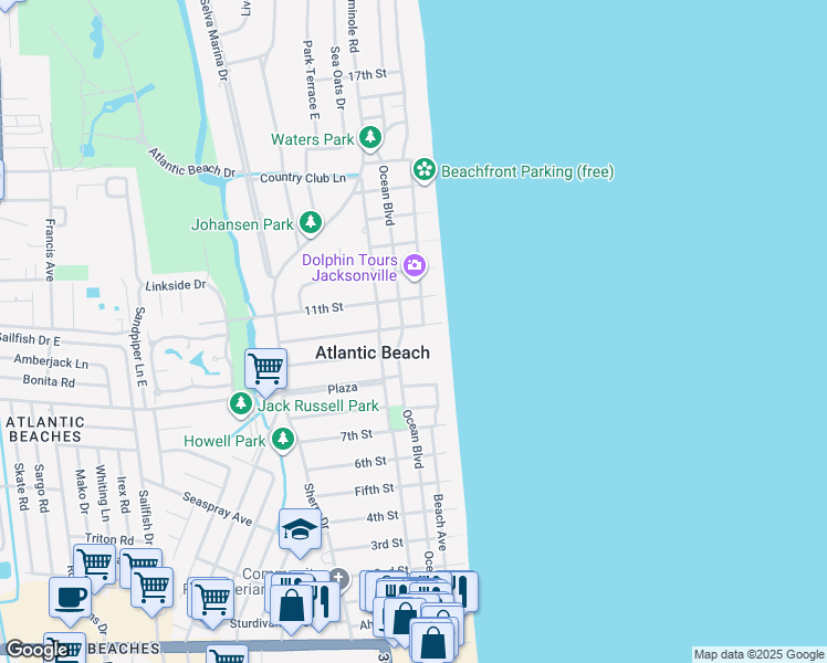 map of restaurants, bars, coffee shops, grocery stores, and more near 901 Ocean Boulevard in Atlantic Beach