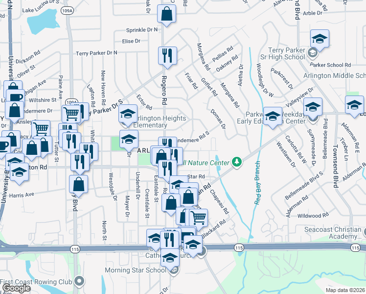 map of restaurants, bars, coffee shops, grocery stores, and more near 1268 King Arthur Road in Jacksonville