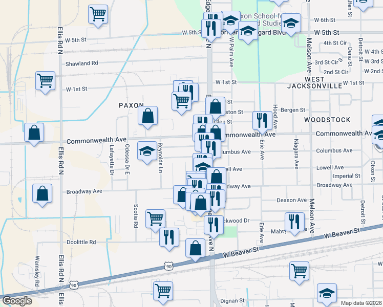 map of restaurants, bars, coffee shops, grocery stores, and more near 5034 Columbus Avenue in Jacksonville