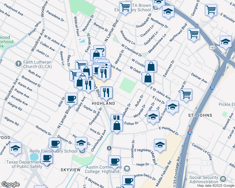 map of restaurants, bars, coffee shops, grocery stores, and more near 407 Swanee Drive in Austin