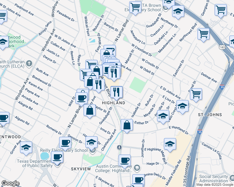 map of restaurants, bars, coffee shops, grocery stores, and more near 6809 Guadalupe Street in Austin