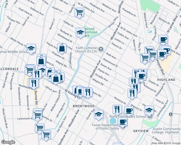 map of restaurants, bars, coffee shops, grocery stores, and more near 1405 Alegria Road in Austin
