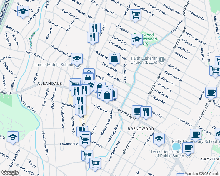 map of restaurants, bars, coffee shops, grocery stores, and more near 1805 Alguno Road in Austin