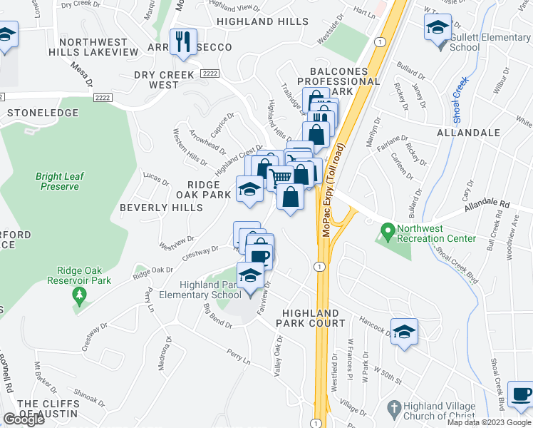 map of restaurants, bars, coffee shops, grocery stores, and more near 5202 Balcones Drive in Austin