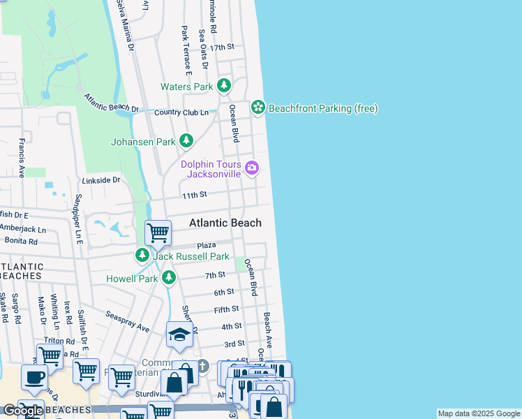 map of restaurants, bars, coffee shops, grocery stores, and more near 10 10th Street in Atlantic Beach