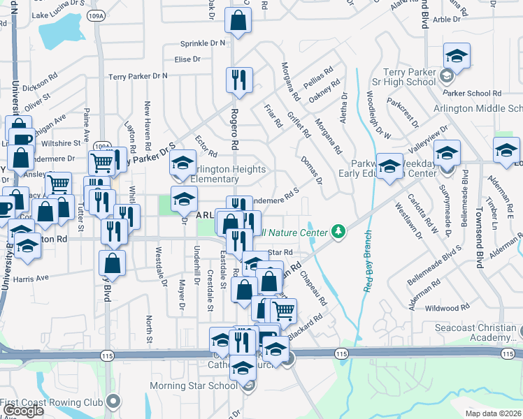 map of restaurants, bars, coffee shops, grocery stores, and more near 1268 King Arthur Road in Jacksonville
