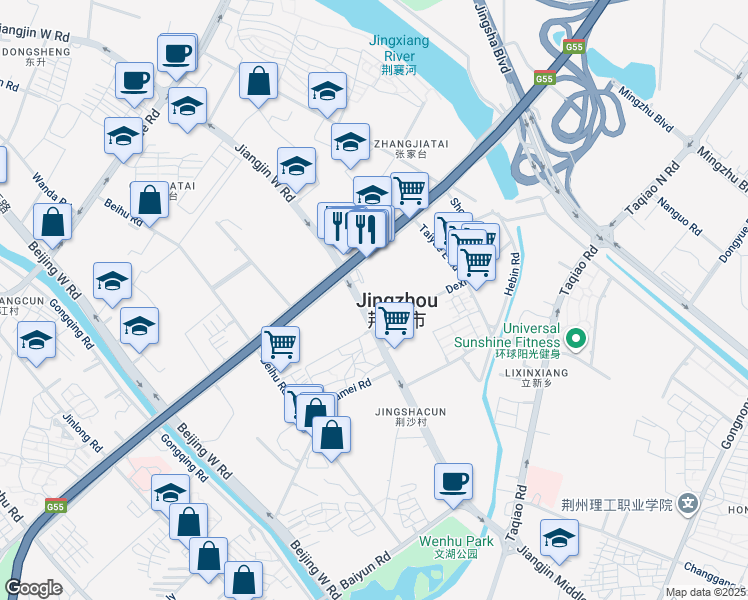 map of restaurants, bars, coffee shops, grocery stores, and more near in Jingzhou