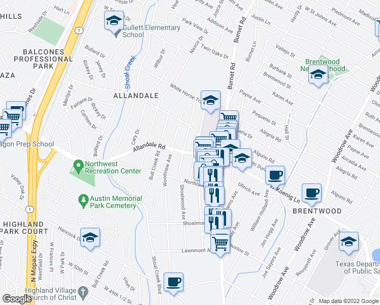 map of restaurants, bars, coffee shops, grocery stores, and more near 2244 Ranch-to-Market Road 2222 in Austin