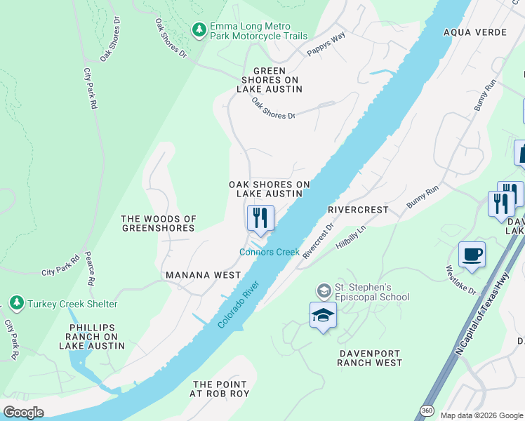 map of restaurants, bars, coffee shops, grocery stores, and more near 3004 Patio Circle in Austin