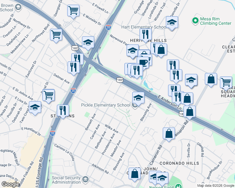map of restaurants, bars, coffee shops, grocery stores, and more near 7513 Carver Avenue in Austin