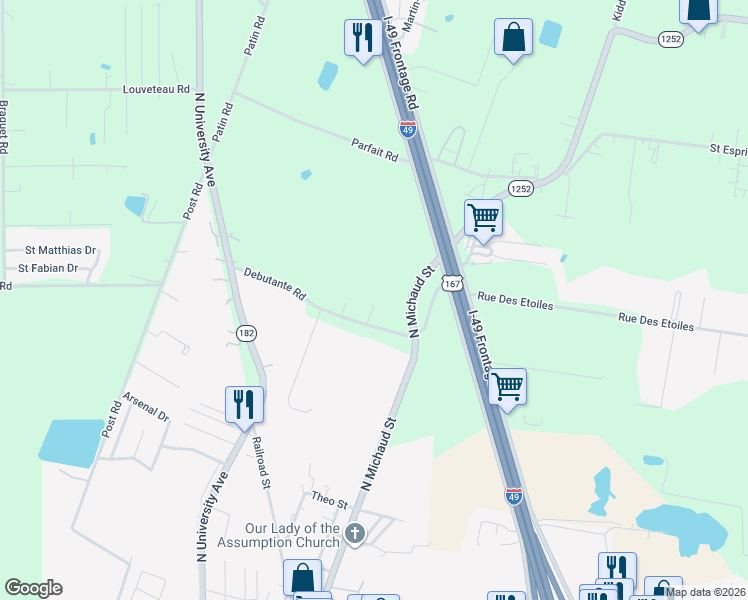 map of restaurants, bars, coffee shops, grocery stores, and more near 231 Debutante Road in Carencro