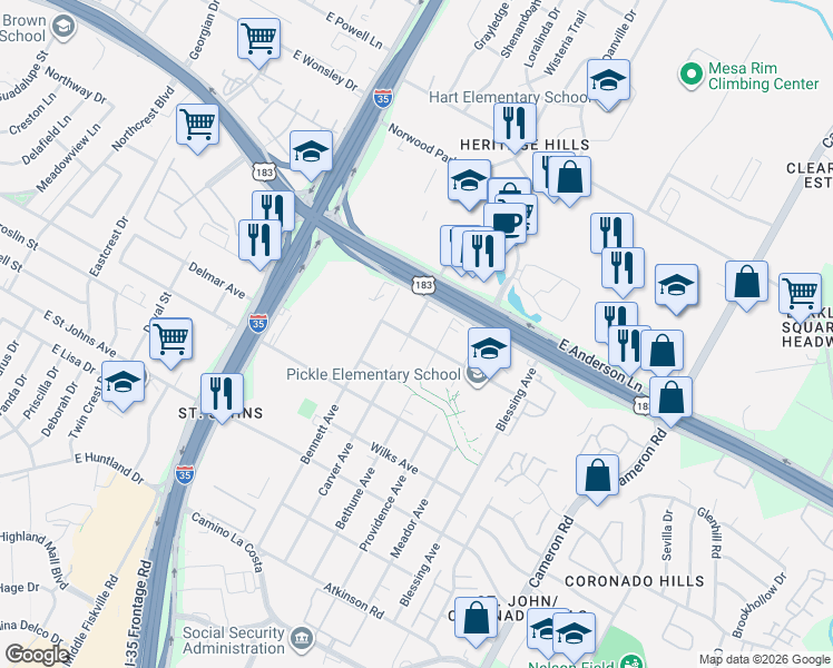 map of restaurants, bars, coffee shops, grocery stores, and more near 7513 Carver Avenue in Austin