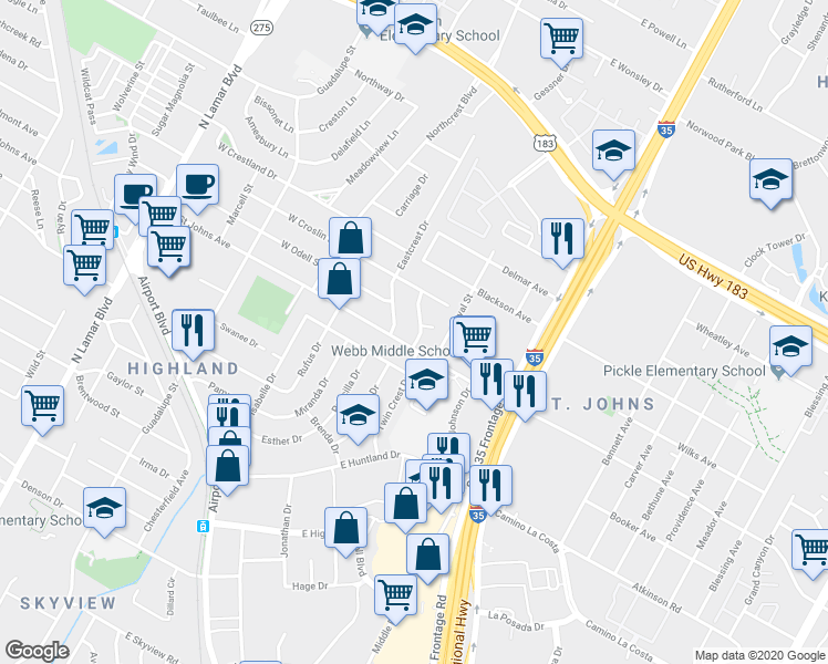 map of restaurants, bars, coffee shops, grocery stores, and more near 205 East Saint Johns Avenue in Austin