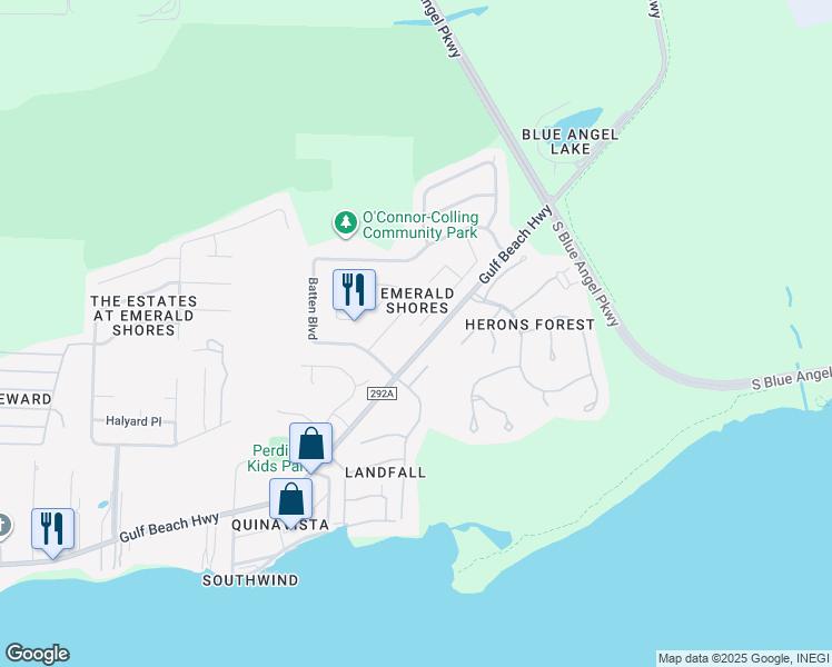 map of restaurants, bars, coffee shops, grocery stores, and more near 600 Batten Boulevard in Pensacola