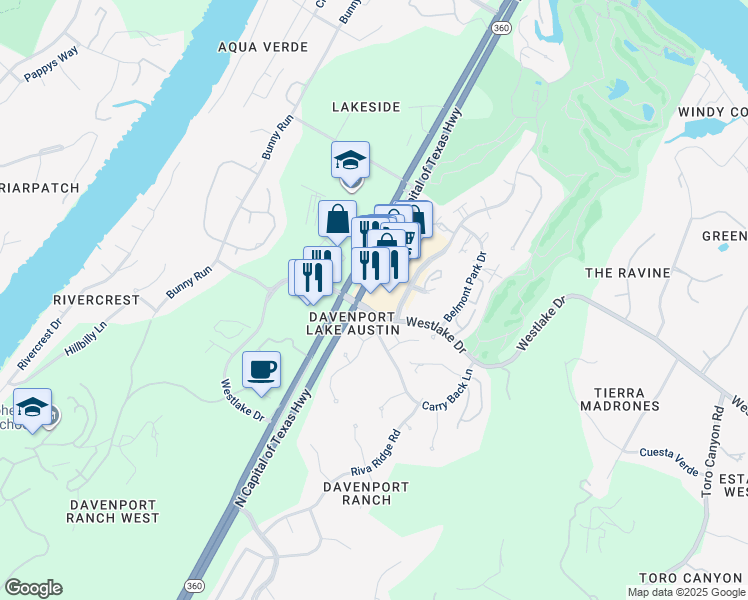 map of restaurants, bars, coffee shops, grocery stores, and more near 3801 North Capital of Texas Highway in Austin