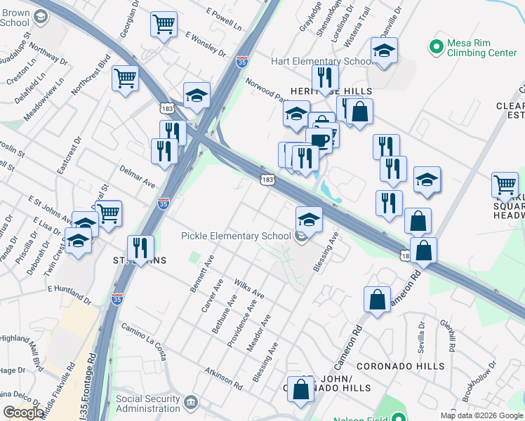 map of restaurants, bars, coffee shops, grocery stores, and more near 7601 Carver Avenue in Austin