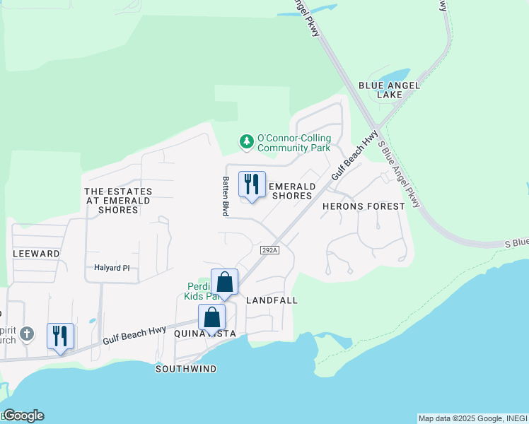 map of restaurants, bars, coffee shops, grocery stores, and more near 4122 Spinnaker Place in Pensacola
