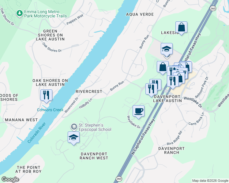map of restaurants, bars, coffee shops, grocery stores, and more near 3413 Bunny Run in Austin