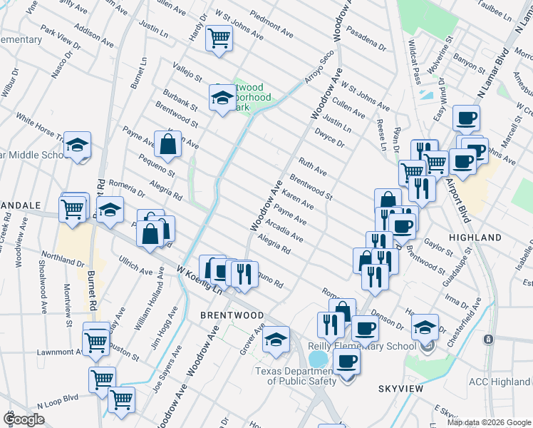 map of restaurants, bars, coffee shops, grocery stores, and more near 1318 Arcadia Avenue in Austin