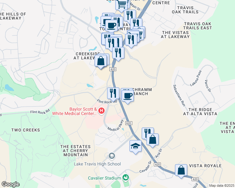 map of restaurants, bars, coffee shops, grocery stores, and more near 3000 Ranch Road 620 South in Lakeway