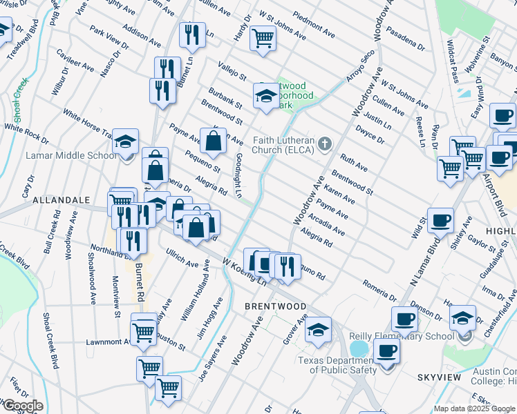 map of restaurants, bars, coffee shops, grocery stores, and more near 6303 Arroyo Seco in Austin