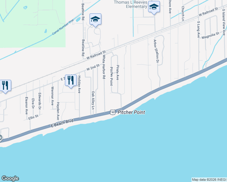 map of restaurants, bars, coffee shops, grocery stores, and more near 104 Pitcher Point in Long Beach