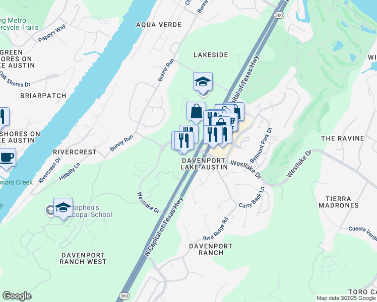 map of restaurants, bars, coffee shops, grocery stores, and more near 3600 North Capital of Texas Highway in Austin