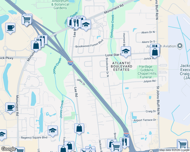 map of restaurants, bars, coffee shops, grocery stores, and more near 861 Jackson Road in Jacksonville