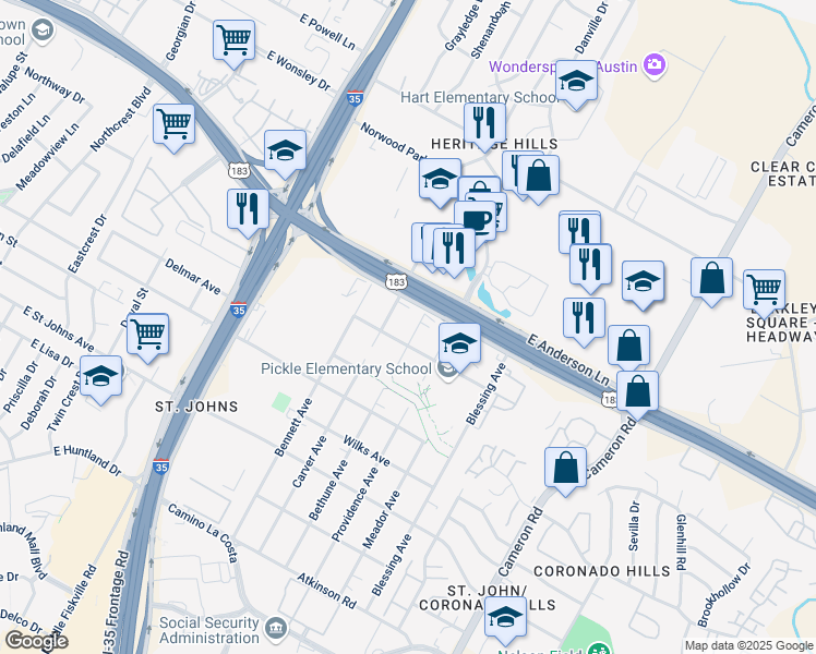 map of restaurants, bars, coffee shops, grocery stores, and more near 7616 Bethune Avenue in Austin