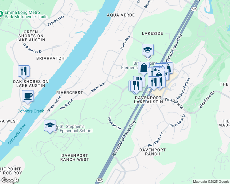 map of restaurants, bars, coffee shops, grocery stores, and more near 4417 Westlake Drive in Austin